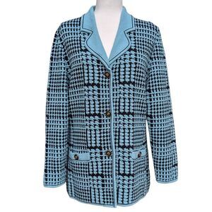 Belmonde Blue Navy Houndstooth Blazer Sweater Button Up Pockets Wool Size 12 Vtg